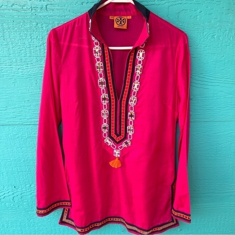 TORY BURCH MIRROR BEADED EMBROIDERED MAGENTA PINK TUNIC TOP SIZE 4